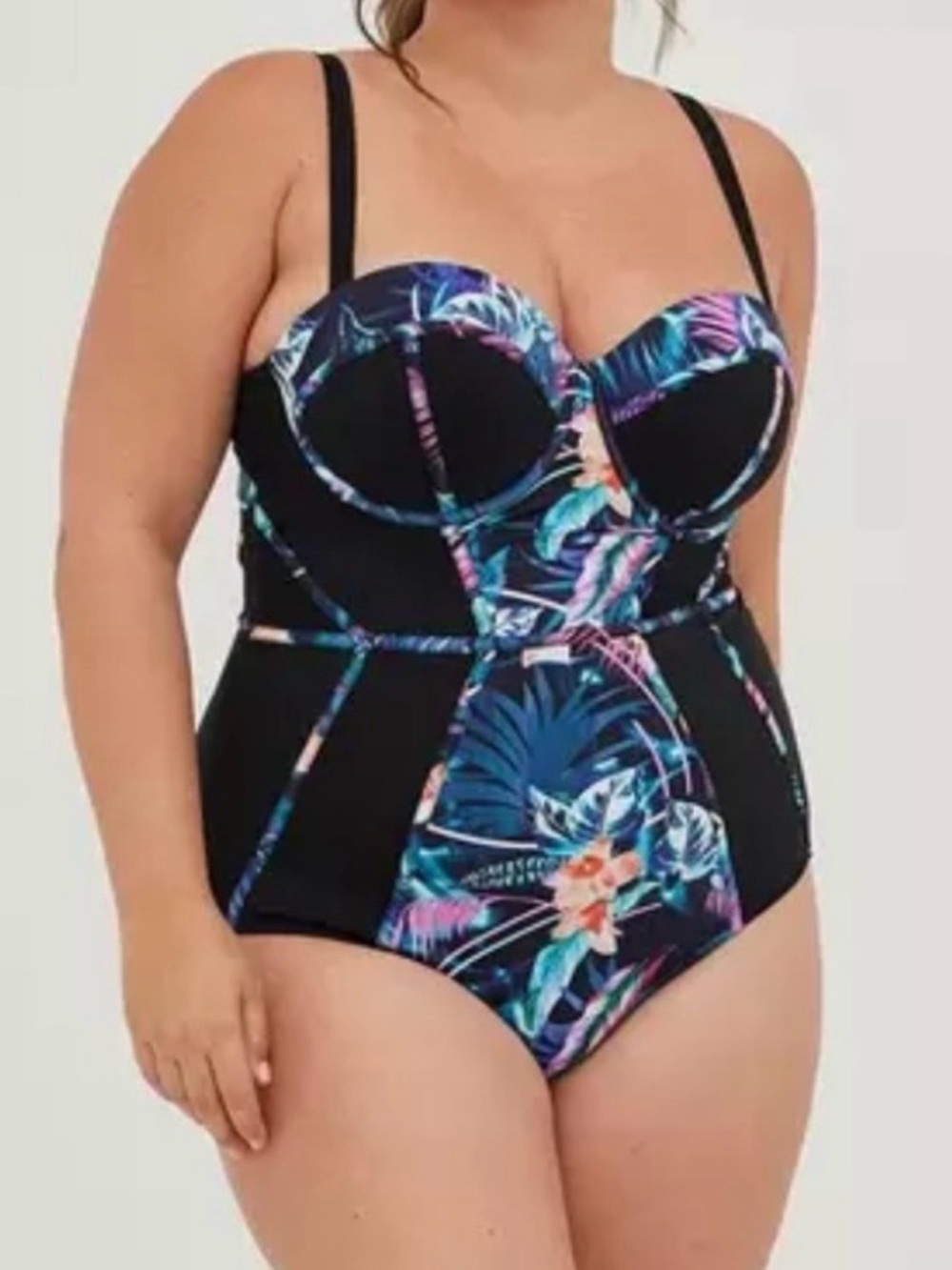 Torrid Slim Fix Underwire Piping One Piece Swimsuit Dreamy Tropical Sz 3 Cup DD - Picture 2 of 5